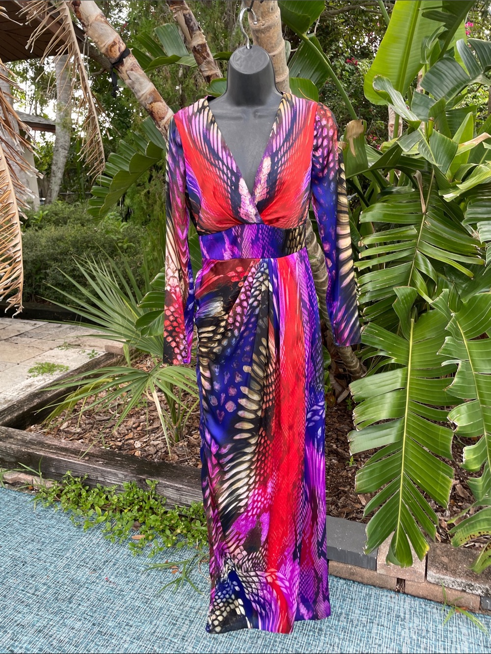 snake, print, abstract, maxi dress with front split